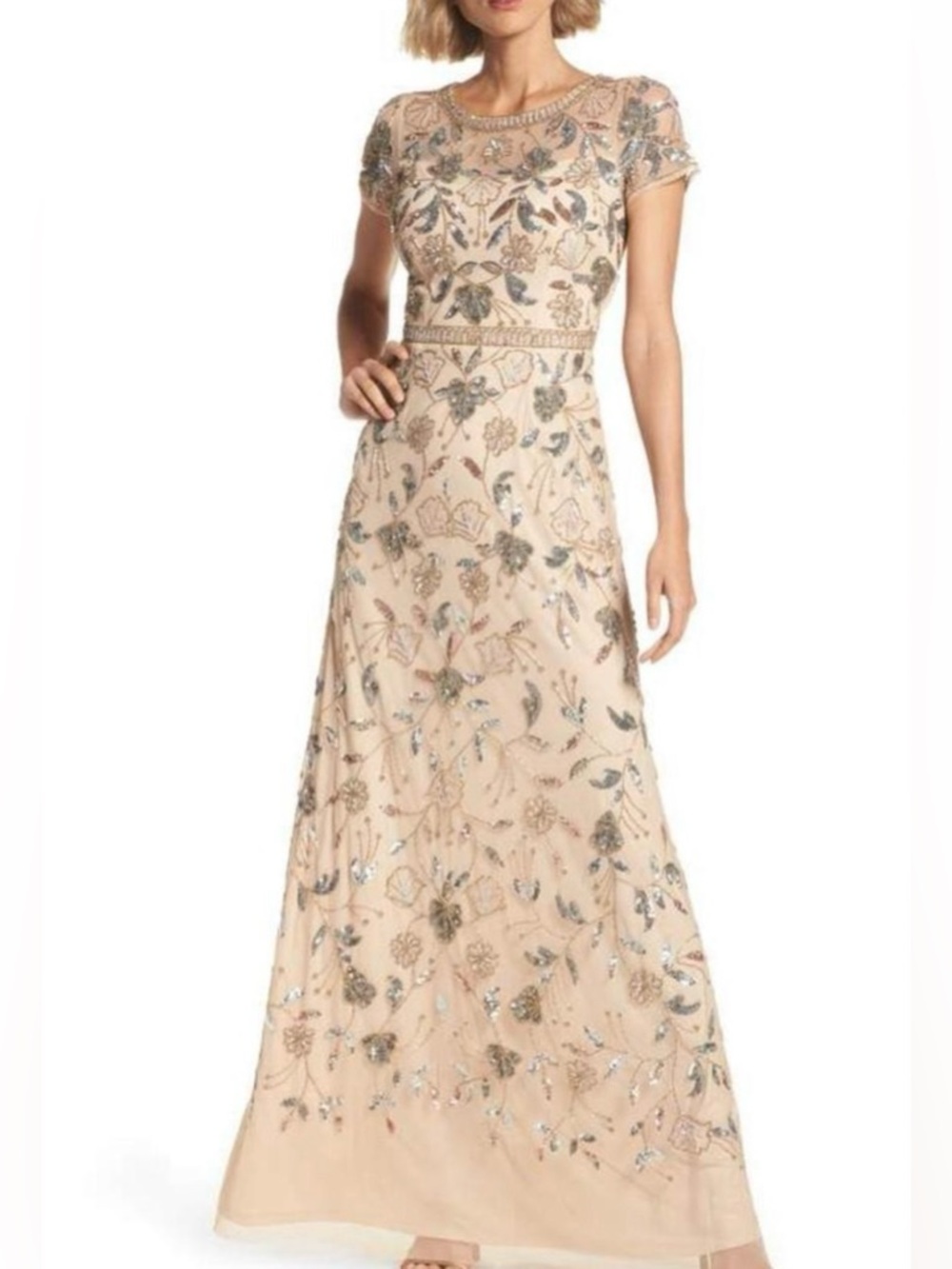 Adrianna Papell Blush Floral Sequin Maxi Dress